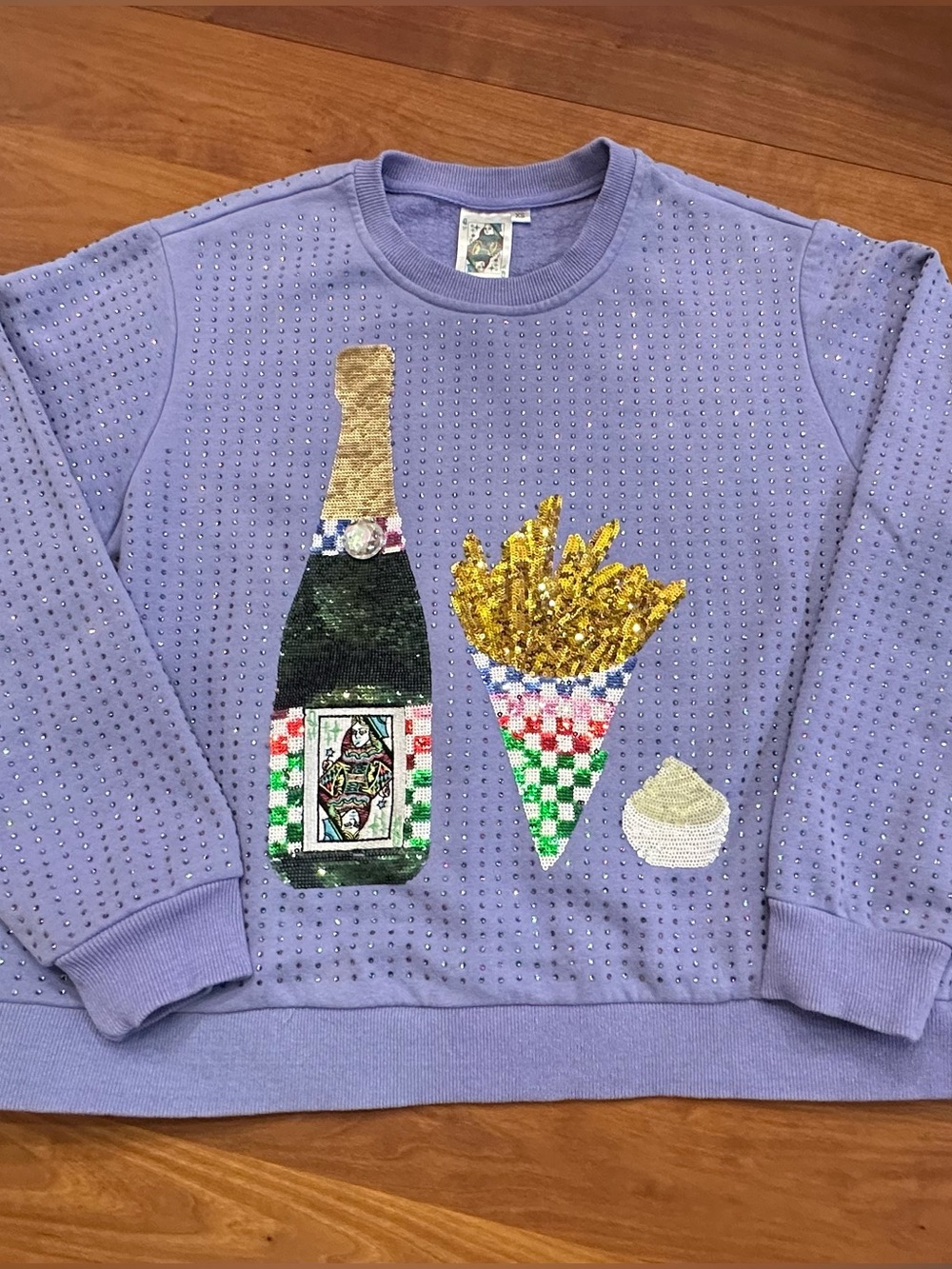 Queen Of Sparkles Champagne & Fries Rhinestone Sweatshirt in Lavender. Size XS